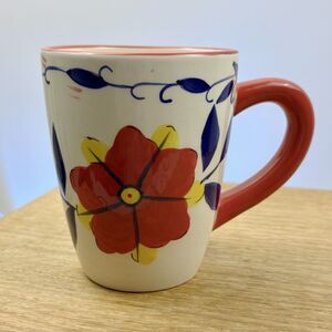 Pier 1 Portalegre Hand-Painted Floral Earthenware Coffee Mug Red Handle